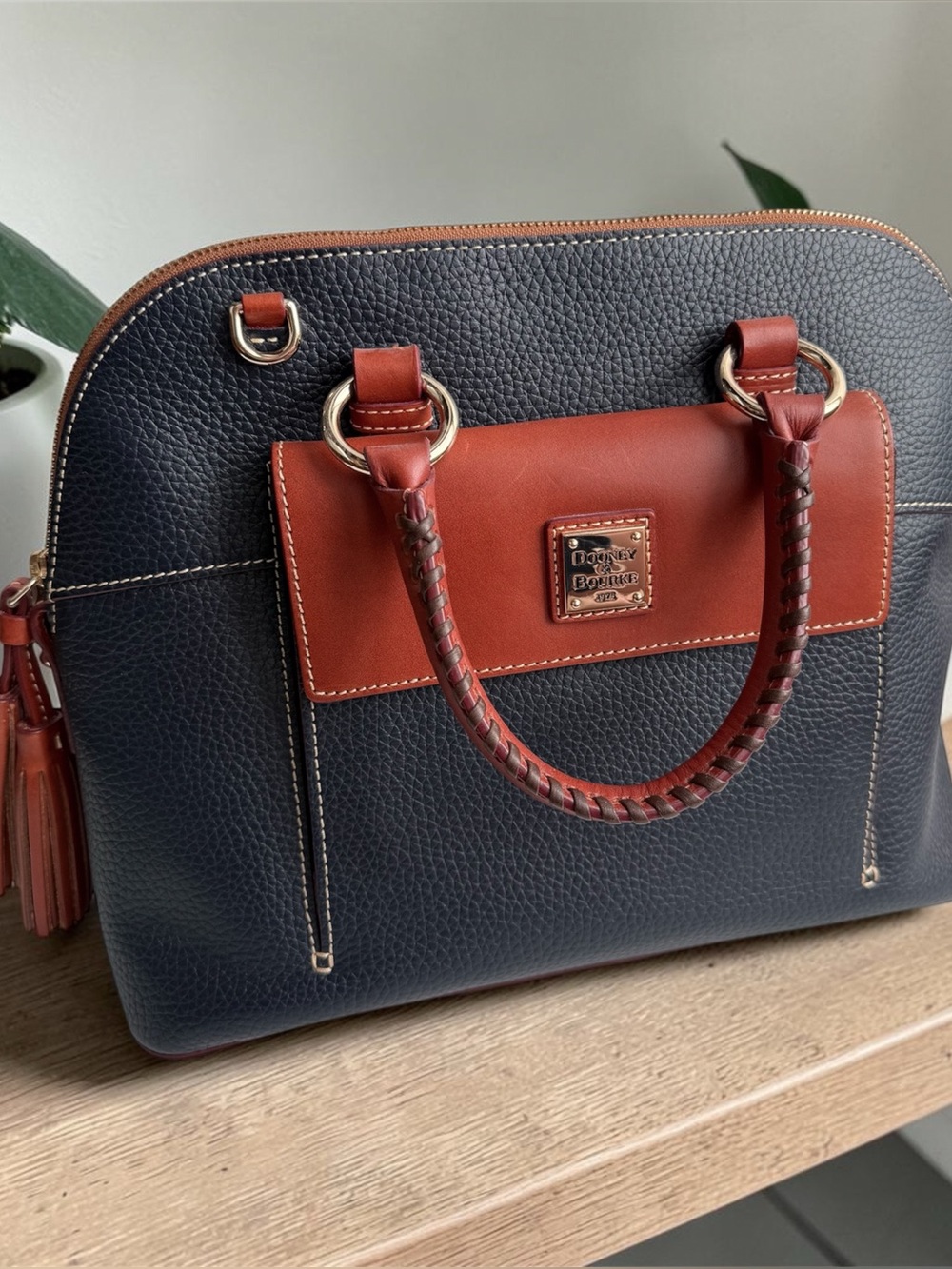 Dooney & Bourke Navy and Saddle Brown Pebbled Leather Satchel